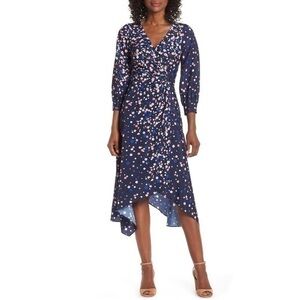Eliza J Faux Royal Blue Polka Dots Wrap Off-center Knot Detail Midi Dress Sz 14